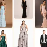 Sechs Outfits für besondere Anlässe: Damen in Abendkleidern und ein Mann im Frack mit white tie.