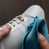 Hände polieren weiße Sneaker mit einem blauen Tuch. So werden die schuhe sauber machen und sehen wieder wie neu aus.