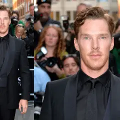 Benedict Cumberbatch im eleganten schwarzen Anzug und schwarzem Hemd, umgeben von Fotografen.