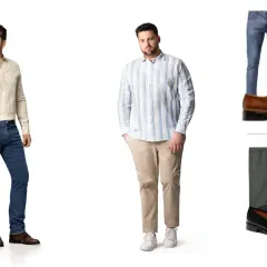 Zwei Männer in lässiger Business-Kleidung: einer in Jeans und hellem Hemd, der andere in Chinos und gestreiftem Hemd. Daneben Outfits mit Hemden, Hosen und Schuhen.