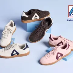 Sneaker Trend Damen: Weiße, braune und rosafarbene Retro-Sneaker mit Gummi-Sohle und markantem Logo.