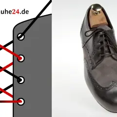Illustration zeigt Schnürung, daneben ein eleganter Herrenschuh. Die Frage: welche schuhe zum anzug? tanzschuhe24.de.
