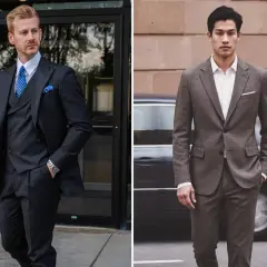 Zwei Männer in Anzügen. Links ein Mann im anthrazitfarbenen Anzug mit Weste und blauer Krawatte. Rechts ein Mann im braunen Anzug.