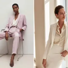 Zwei Frauen in eleganten Hosenanzügen. Links eine Frau in zartrosa, rechts eine in weiß. Perfekt für eine casual chic hochzeit.