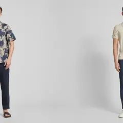 Zwei Männer präsentieren Outfits: links mit gemustertem Hemd und dunklen Hosen, rechts mit hellem Poloshirt und blauen Chinos.