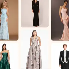 Sechs Outfits für besondere Anlässe: Damen in Abendkleidern und ein Mann im Frack mit white tie.