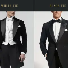 Zwei Männer in eleganter Abendgarderobe für eine black tie party. Links ein Frack mit weißer Weste, rechts ein Smoking.