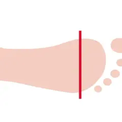Fußabdruck mit rotem Strich und Maßband daneben, zur Ermittlung der Schuhweite.