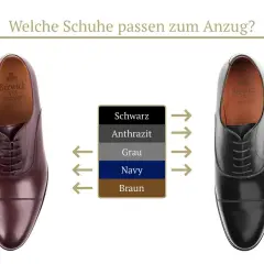 Zwei elegante Herrenschuhe, ein brauner und ein schwarzer, werden mit einer Farbleiste verglichen. Welcher grauer Anzug schuhe passt am besten?
