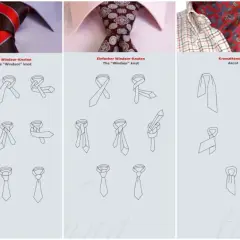 Anleitung zum schmale Krawatte binden: Four-in-hand, Windsor, Ascot und Schleife. Schritt-für-Schritt-Diagramme zeigen, wie man verschiedene Knoten macht.