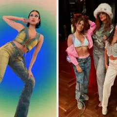 Drei Frauen in stylischen Outfits für eine 2000er Mottoparty: Jeans-Westen, bauchfreie Tops und Baggy-Hosen.