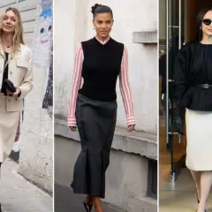 Drei Frauen zeigen, wie man einen Bleistiftrock kombiniert: elegant im Hosenanzug, lässig mit Weste und gestreiftem Hemd oder schick mit schwarzer Bluse und Handschuhen.