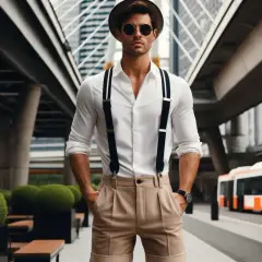 Stilvoller Mann mit beige kurze hose kombinieren herren, weißem Hemd, Hosenträgern und Hut vor moderner Architektur.