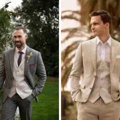 Zwei Männer in eleganten Anzügen, bereit für eine Hochzeit oder ein Event mit black tie optional.
