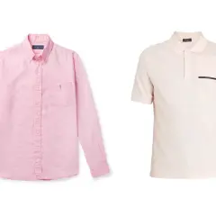 Zwei Hemden für Herren: ein rosa Leinenhemd mit Knopfleiste und Brusttasche, daneben ein hellrosa Poloshirt mit Brusttasche. Perfekt, um rosa Hemd kombinieren Herren-Looks zu kreieren.