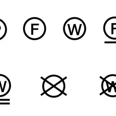 Symbole für Textilpflege: P, F, W (mit Unterstrich), F (mit Unterstrich), W (durchgestrichen), W (durchgestrichen mit Unterstrich). Nur chemische Reinigung möglich.