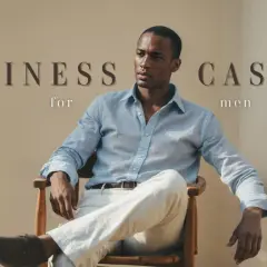 Ein Mann im modernen Business-Look für Herren, lässig in einem Leinenhemd und hellen Hosen auf einem Holzstuhl sitzend.