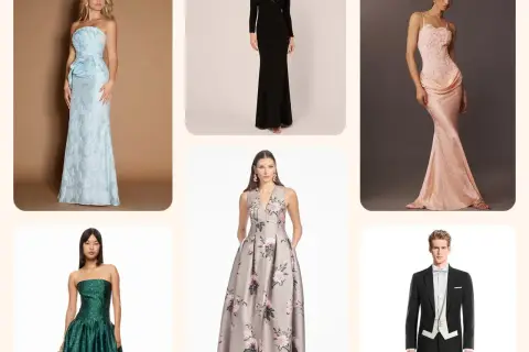 Sechs Outfits für besondere Anlässe: Damen in Abendkleidern und ein Mann im Frack mit white tie.