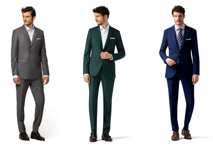 Drei Männer in Anzügen: grau, grün und blau. Perfekt für smart casual hochzeit herren.