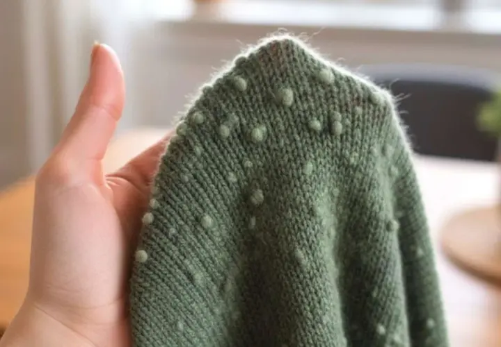 Grüner wollpullover fusselt leicht, mit kleinen Noppenmuster. Eine Hand hält den Stoff.