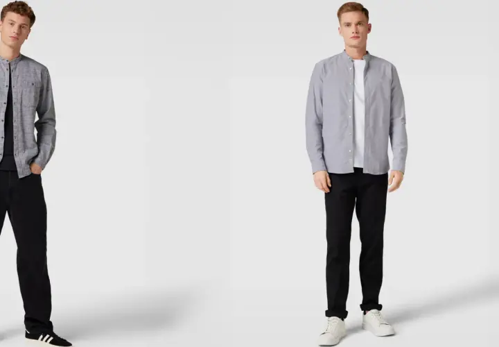 Zwei Männer präsentieren, wie man ein graues Hemd kombinieren kann: lässig mit schwarzer Jeans und Sneakern.