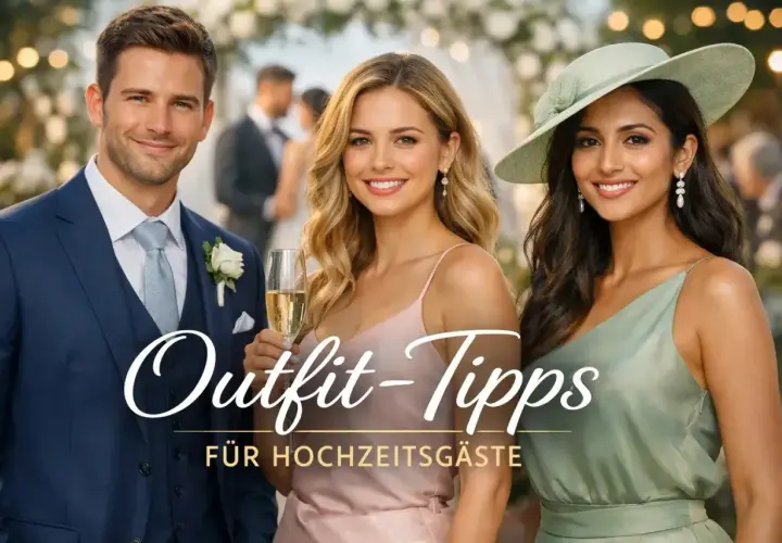 Mann im eleganten blauen Anzug, Frau in rosa Kleid, Frau mit Hut in grünem Kleid. Outfit-Tipps für Hochzeitsgäste, auch für einen Mann ohne Anzug.