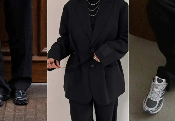 Schwarzer Anzug mit Sneakern – ein lässiger Look für den Alltag.