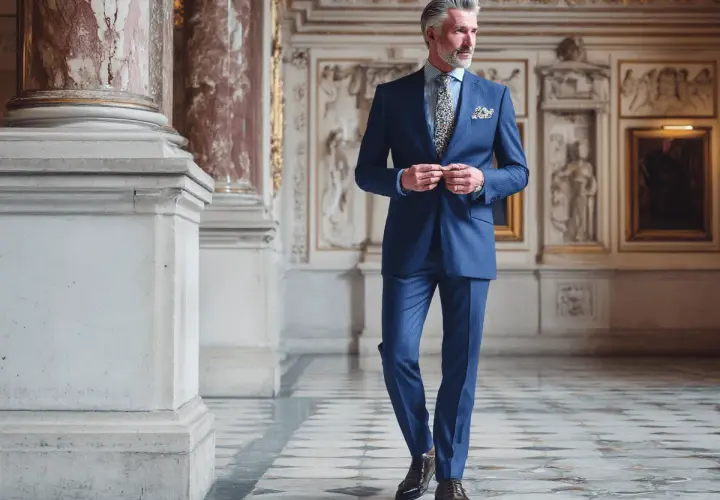 Elegante abiball vater kleidung: Ein Mann im blauen Nadelstreifenanzug, mit gemustertem Einstecktuch und Krawatte, steht in einem prunkvollen Saal.