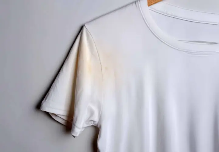 Weiße T-Shirt mit gelblichen, unbekannten Flecken nach dem Waschen unter dem Arm.