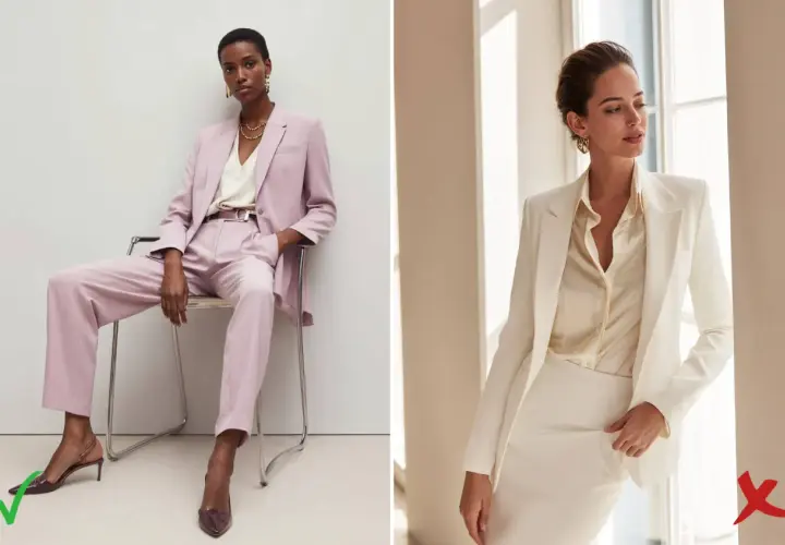 Zwei Frauen in eleganten Hosenanzügen. Links eine Frau in zartrosa, rechts eine in weiß. Perfekt für eine casual chic hochzeit.
