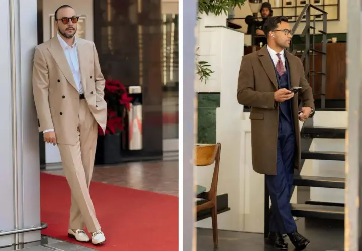Zwei Männer in eleganten Anzügen. Der linke trägt einen beigen Anzug, der rechte einen dunkelblauen mit braunem Mantel. So muss eine Anzughose sitzen: gerade und ohne Falten.