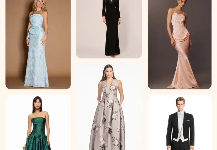 Sechs Outfits für besondere Anlässe: Damen in Abendkleidern und ein Mann im Frack mit white tie.