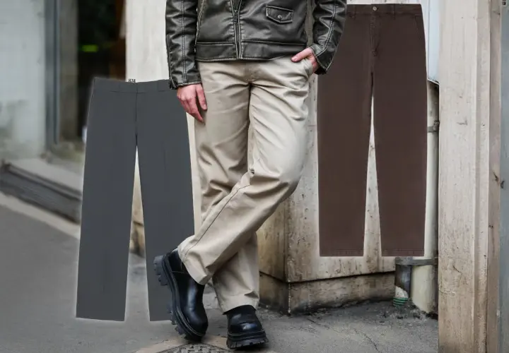 Herren-Outfit: graue Chino kombinieren mit Lederjacke und Chunky Boots. Daneben weitere Hosenfarben.