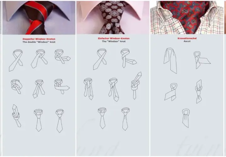 Anleitung zum schmale Krawatte binden: Four-in-hand, Windsor, Ascot und Schleife. Schritt-für-Schritt-Diagramme zeigen, wie man verschiedene Knoten macht.
