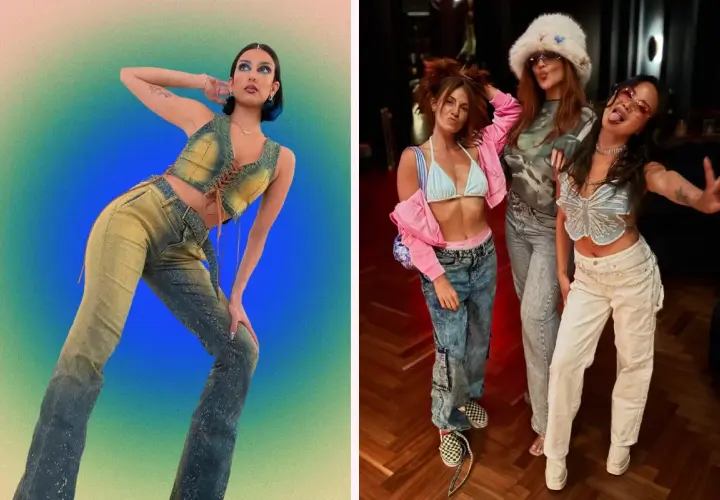 Drei Frauen in stylischen Outfits für eine 2000er Mottoparty: Jeans-Westen, bauchfreie Tops und Baggy-Hosen.