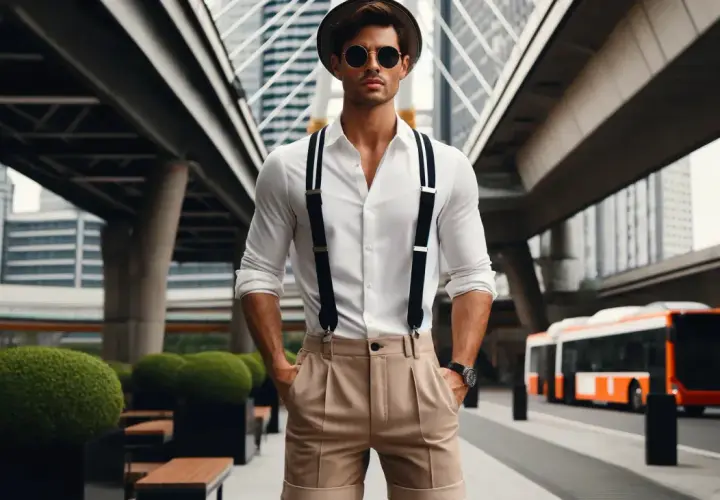 Stilvoller Mann mit beige kurze hose kombinieren herren, weißem Hemd, Hosenträgern und Hut vor moderner Architektur.