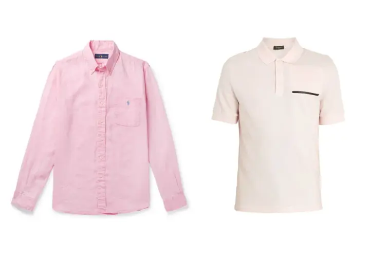 Zwei Hemden für Herren: ein rosa Leinenhemd mit Knopfleiste und Brusttasche, daneben ein hellrosa Poloshirt mit Brusttasche. Perfekt, um rosa Hemd kombinieren Herren-Looks zu kreieren.