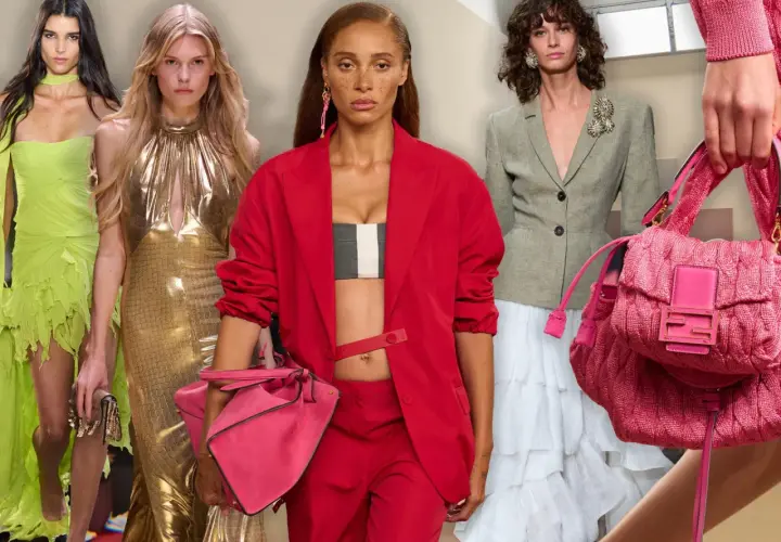 Models präsentieren Outfits von beliebte modemarken: leuchtendes Grün, Gold, Rot und Grau mit auffälligen Accessoires.