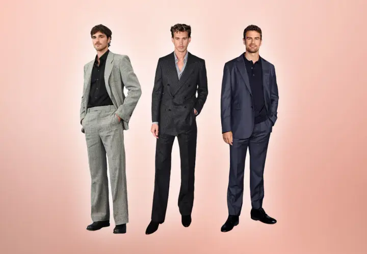 Drei Männer in eleganten Anzügen, perfekt für smart casual Damen abends.