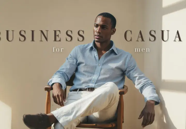 Ein Mann im modernen Business-Look für Herren, lässig in einem Leinenhemd und hellen Hosen auf einem Holzstuhl sitzend.