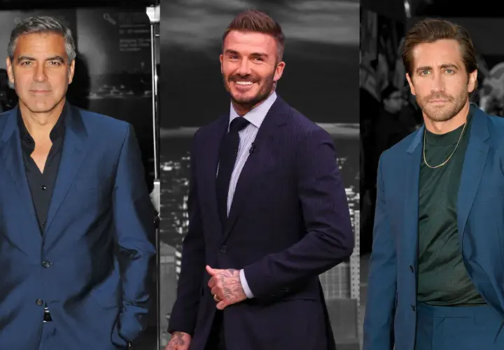 George Clooney, David Beckham und Jake Gyllenhaal tragen elegante Anzüge. Clooney und Gyllenhaal tragen einen blauen Anzug mit einem grauen Hemd.