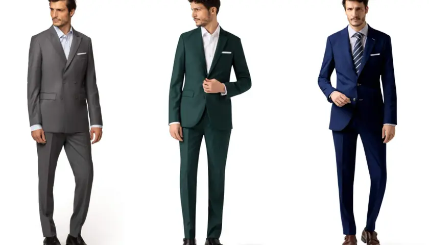 Drei Männer in Anzügen: grau, grün und blau. Perfekt für smart casual hochzeit herren.