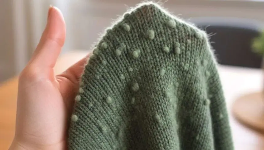 Grüner wollpullover fusselt leicht, mit kleinen Noppenmuster. Eine Hand hält den Stoff.