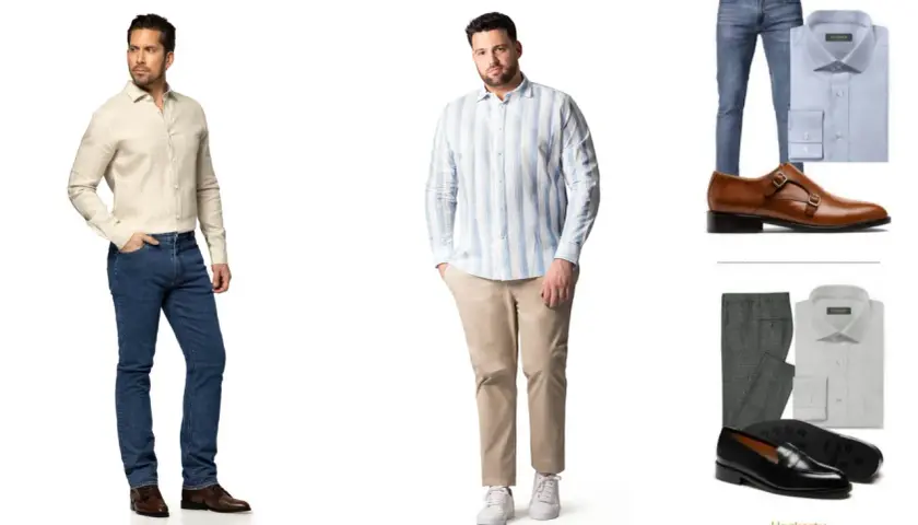 Zwei Männer in lässiger Business-Kleidung: einer in Jeans und hellem Hemd, der andere in Chinos und gestreiftem Hemd. Daneben Outfits mit Hemden, Hosen und Schuhen.