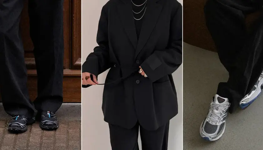 Schwarzer Anzug mit Sneakern – ein lässiger Look für den Alltag.