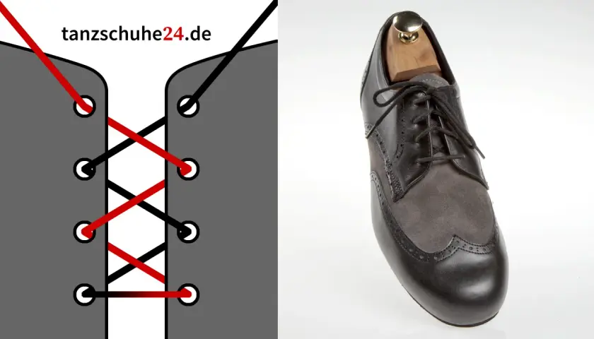 Illustration zeigt Schnürung, daneben ein eleganter Herrenschuh. Die Frage: welche schuhe zum anzug? tanzschuhe24.de.