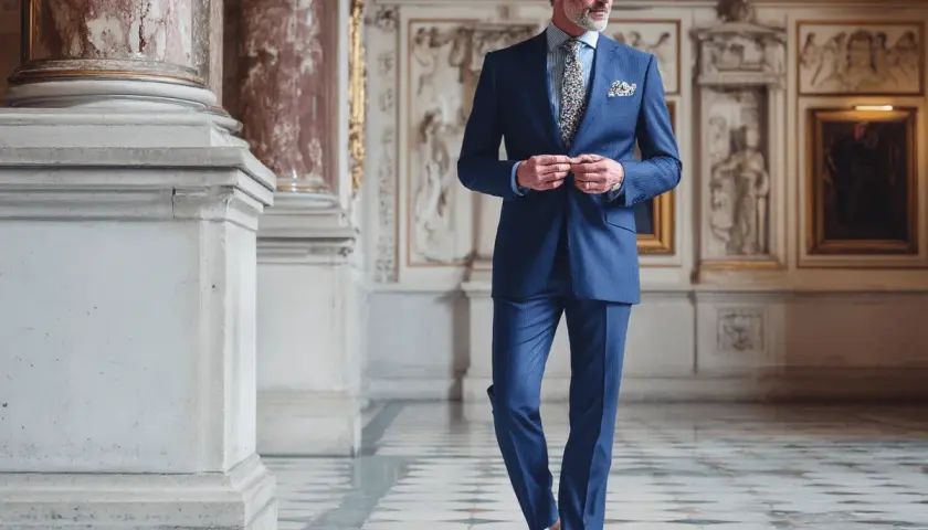 Elegante abiball vater kleidung: Ein Mann im blauen Nadelstreifenanzug, mit gemustertem Einstecktuch und Krawatte, steht in einem prunkvollen Saal.