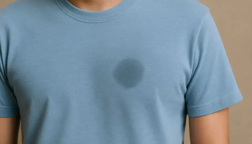 Ein dunkler Fleck auf einem hellblauen Baumwoll-T-Shirt, der zeigt, wie man Fettflecken aus Baumwolle entfernen kann.