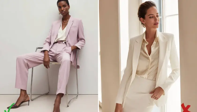 Zwei Frauen in eleganten Hosenanzügen. Links eine Frau in zartrosa, rechts eine in weiß. Perfekt für eine casual chic hochzeit.