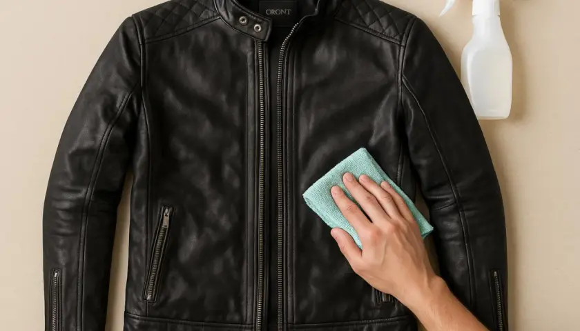 Schwarze lederjacke reinigen mit einem Tuch und Sprühflasche.